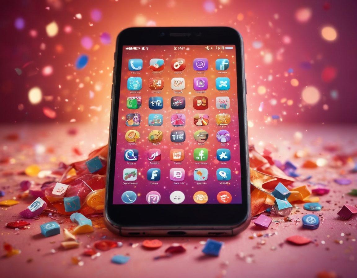A sleek smartphone displaying vibrant icons of various adult entertainment apps, surrounded by whimsical elements like playful confetti and soft-focus lighting. The background features a cozy, inviting atmosphere with warm colors, emphasizing comfort and privacy. Include subtle hints of creativity and adventure, like abstract shapes and soft gradients. vibrant colors. soft focus. digital art.